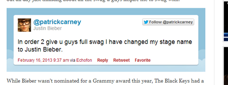 ジャスティン・ビーバーの名前、写真に変更した際のパトリックのツイッターアカウント