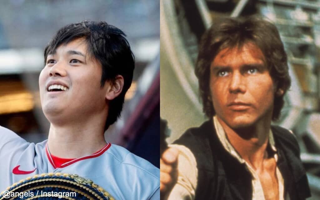 大谷翔平と、『スター・ウォーズ』のハン・ソロ Photo: @angeles / Instagram, Lucasfilm/Fox/Kobal/Shutterstock