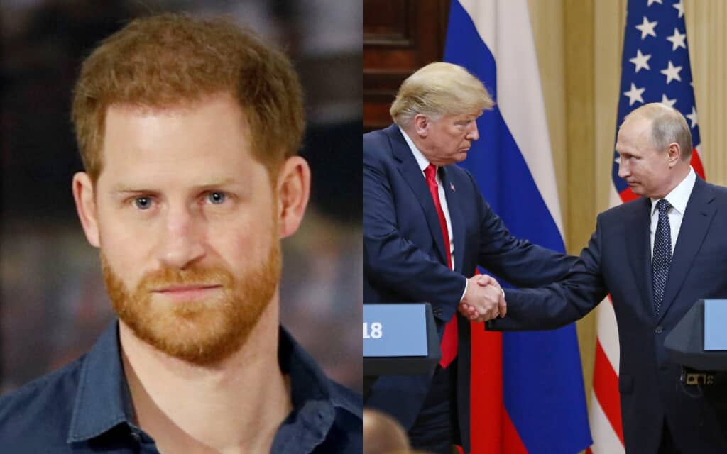 左からヘンリー王子、ドナルド・トランプ元米大統領、ウラジミール・プーチン露大統領 Photo: Shutterstock, David Silpa/UPI/Shutterstock